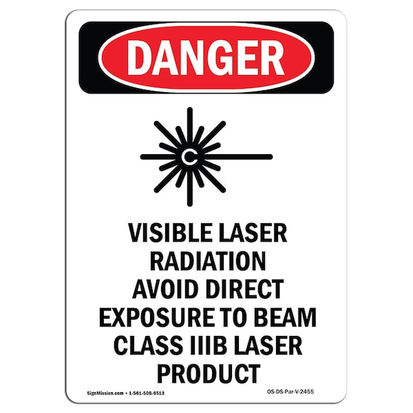 Signmission OSHA Danger Sign, Visible Laser Radiation, 10in X 7in Decal, 7" W, 10" H, Portrait OS-DS-D-710-V-2455 - main
